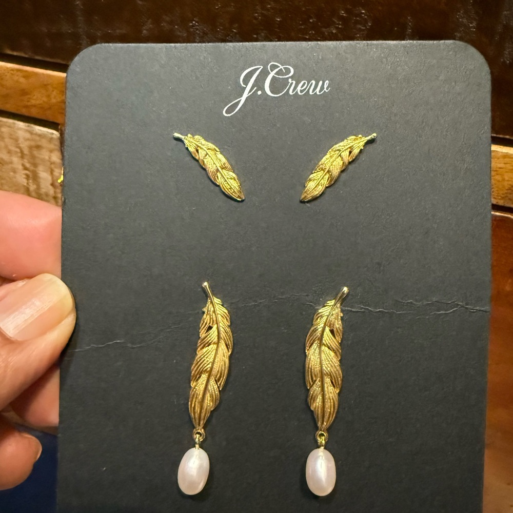 J. Crew Gold Feather Earrings with Pearl Drop